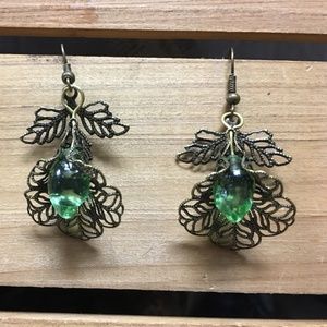 Fiagree ,Green Glass Bead Vintage look Earrings